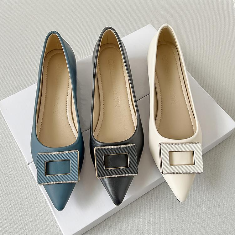 Kích thước 33-42 khóa vuông rhinestone giày cao gót nhọn 3 cm giày gót dày da mềm của phụ nữ giày cao gót chunky