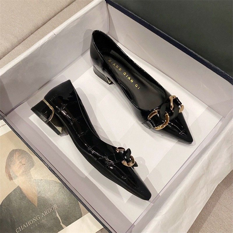Gót dày 3 cm gót cho phụ nữ mid-heel professional commuter giày nữ mũi nhọn đế mềm màu đen giày lao động kích thước lớn