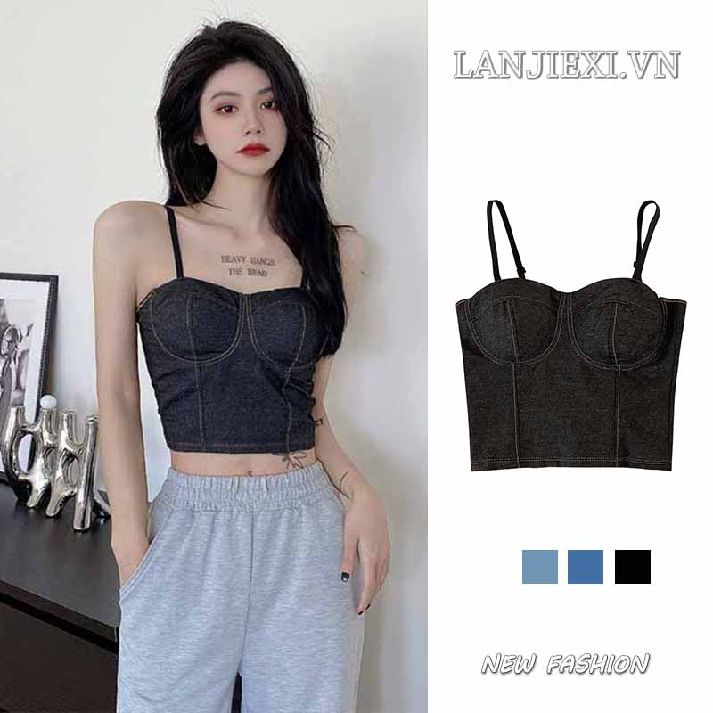 LANJIEXI Áo Denim Hai Dây Có Mút Đệm Ngực Sau Lưng Phong Cách Mỹ Cho Nữ