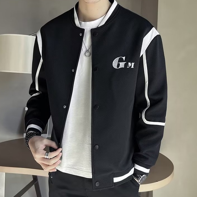 Áo khoác nam đa năng giản dị tiêu chuẩn mới mùa xuân và mùa thu dài tay trẻ trung hợp thời trang nam cổ áo bóng chày thanh lịch single-breasted in sọc dài tay