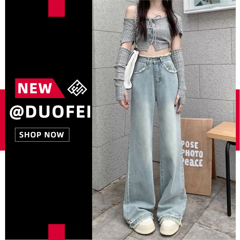 【XS-2XL】Phụ nữ xinh đẹp nghệ thuật cao eo học viện gió len thẳng ống lỏng lẻo đơn giản màu giải trí mỏng quần jean
