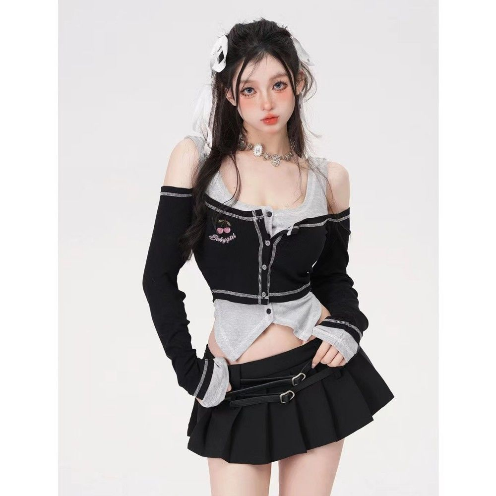Y2k Top Sense Niche Hot Girl Áo Thun Tay Dài Hở Vai Giả Hai Lớp Dáng Ôm Phong Cách Mới Ngọt Ngào Thời Trang Mùa Hè Dành Cho Bạn Nữ