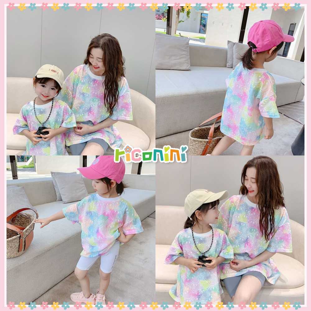Riconini family sets summer new tie-dyed t-shirt tay ngắn bộ đồ cha mẹ-con một gia đình ba và bốn thời trang giản dị hàn quốc mẹ và con gái trang phục bố & bé