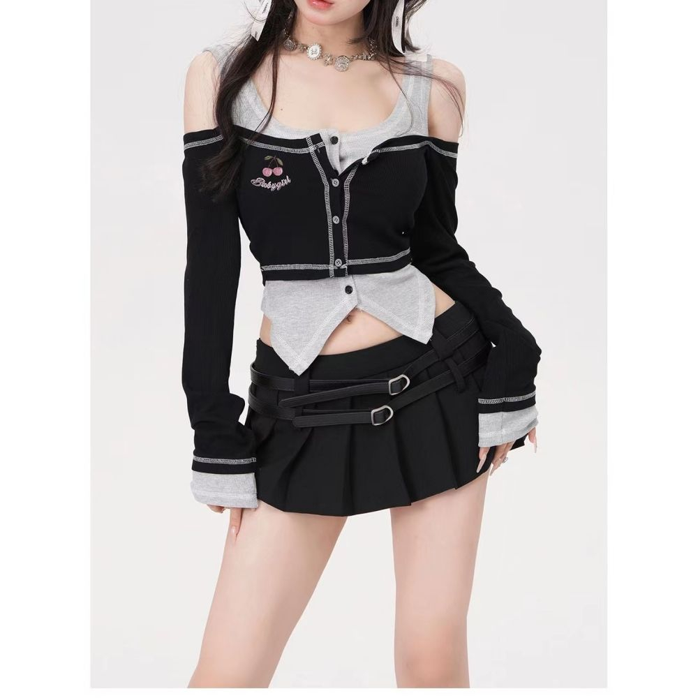 Y2k Top Sense Niche Hot Girl Áo Thun Tay Dài Hở Vai Giả Hai Lớp Dáng Ôm Phong Cách Mới Ngọt Ngào Thời Trang Mùa Hè Dành Cho Bạn Nữ