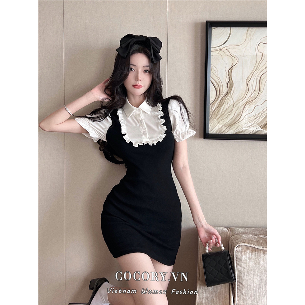 Cocory vn Hàn quốc fake two-piece patchwork ngắn tay váy mùa hè sexy slim fit wrap buttocks dresses women