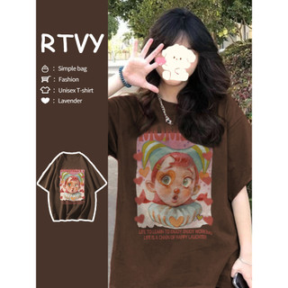 【RTVY】Áo Thun Tay Ngắn Oversize In Họa Tiết Hoạt Hình Dễ Thương Phong Cách retro Mỹ Cho Nữ