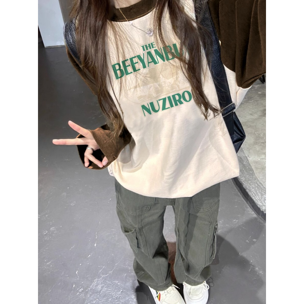 Ethelgirl Mỹ retro phụ nữ quần áo mùa xuân và mùa thu "thư" in màu phù hợp với cổ tròn áo t-shirt dài tay