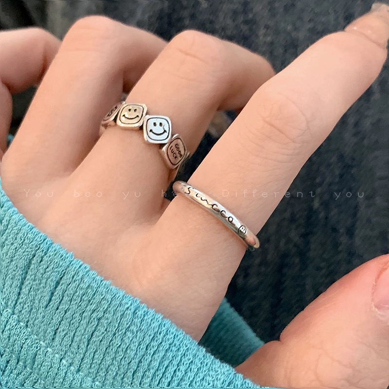 Chúc May Mắn ~ Nhẫn Hình Vuông Mặt Cười Ngôi Sao Mặt Cười Cá Tính Độc Đáo Có Thể Điều