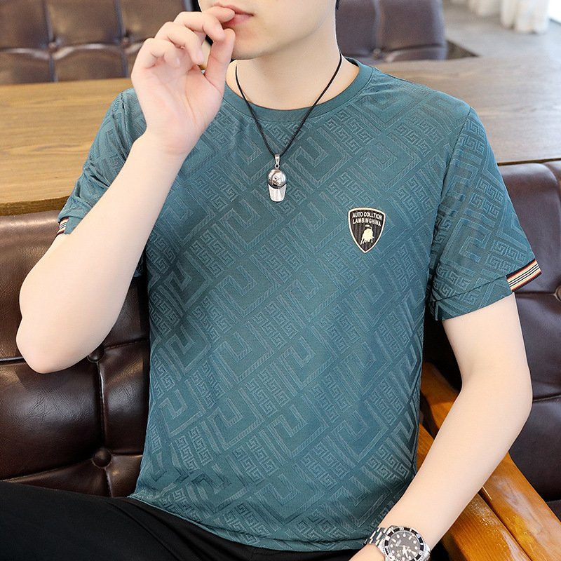 Men's short sleeve t-shirt ice silk high end hot diamond summer thin ice feel dệt kim half sleeve top t
