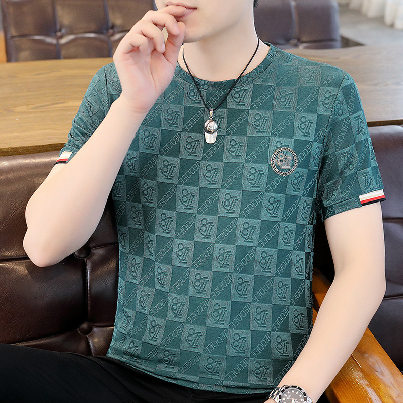 Men's short sleeve t-shirt ice silk high end hot diamond summer thin ice feel dệt kim half sleeve top t