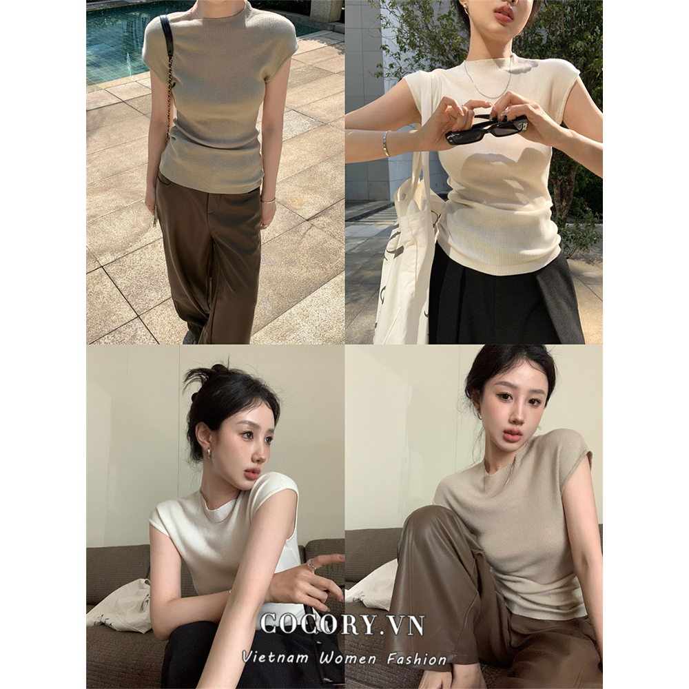 Cocory vn Khí chất hàn quốc nửa cổ cao tay ngắn áo thun mùa hè sexy mỏng tất cả phù hợp với phụ nữ dệt kim hàng đầu