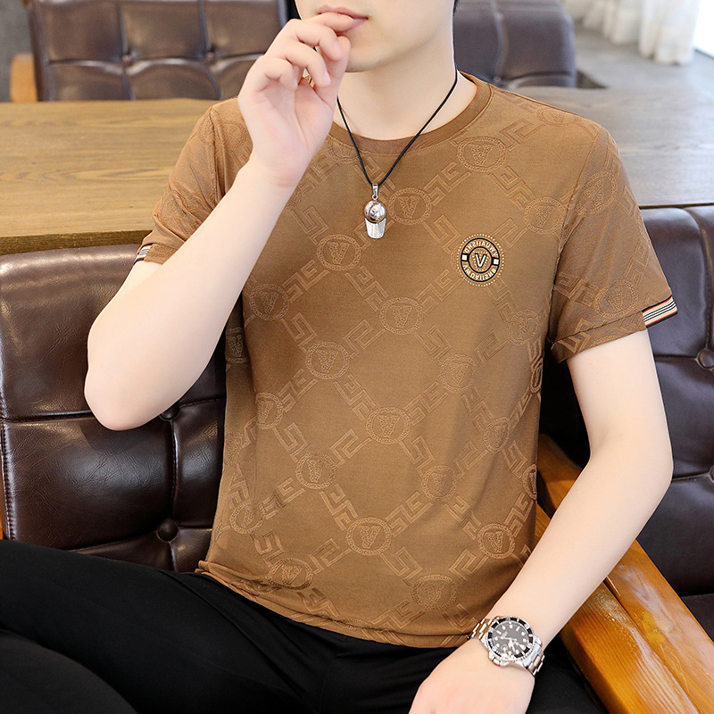 Men's short sleeve t-shirt ice silk high end hot diamond summer thin ice feel dệt kim half sleeve top t
