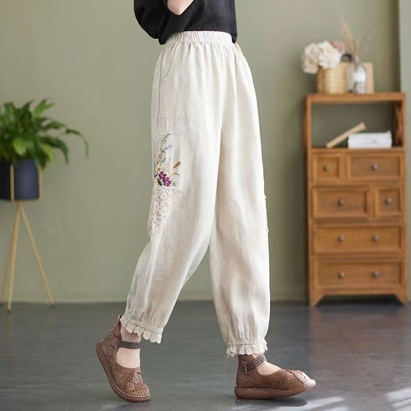 Quần cắt vải lanh và cotton dành cho nữ công nghiệp nặng mùa hè, mùa hè rộng rãi và mỏng, thêu ren đa năng