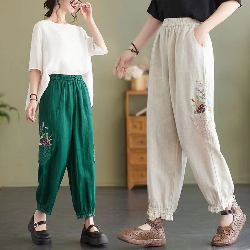 Quần cắt vải lanh và cotton dành cho nữ công nghiệp nặng mùa hè, mùa hè rộng rãi và mỏng, thêu ren đa năng