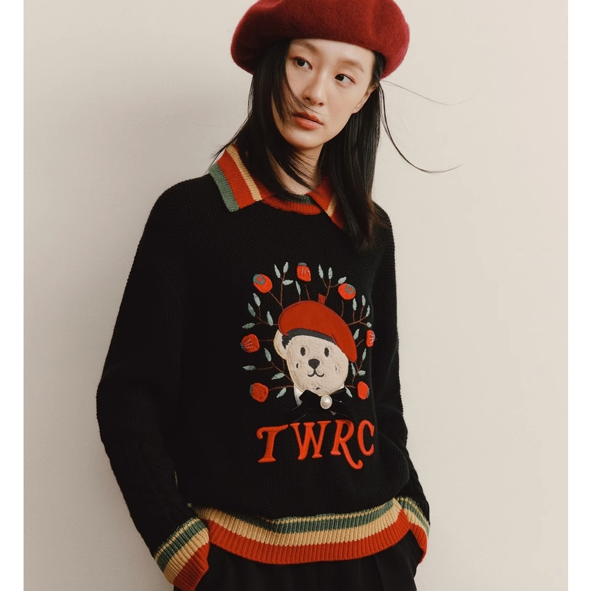 Áo Sweater Dệt Kim Tay Dài Cổ Bẻ Thêu Hình Gấu Lựu Phong Cách Mới 2023 Preppy