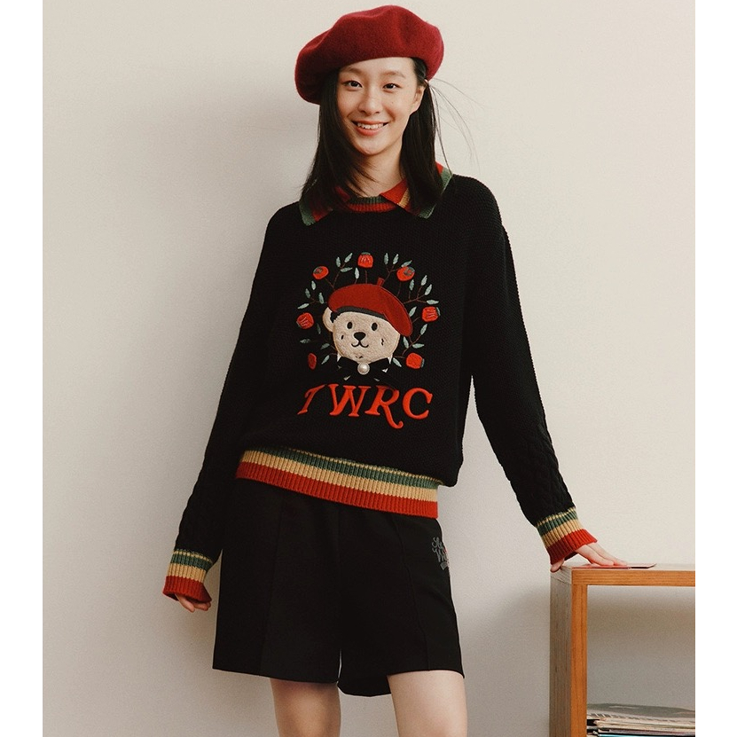 Áo Sweater Dệt Kim Tay Dài Cổ Bẻ Thêu Hình Gấu Lựu Phong Cách Mới 2023 Preppy