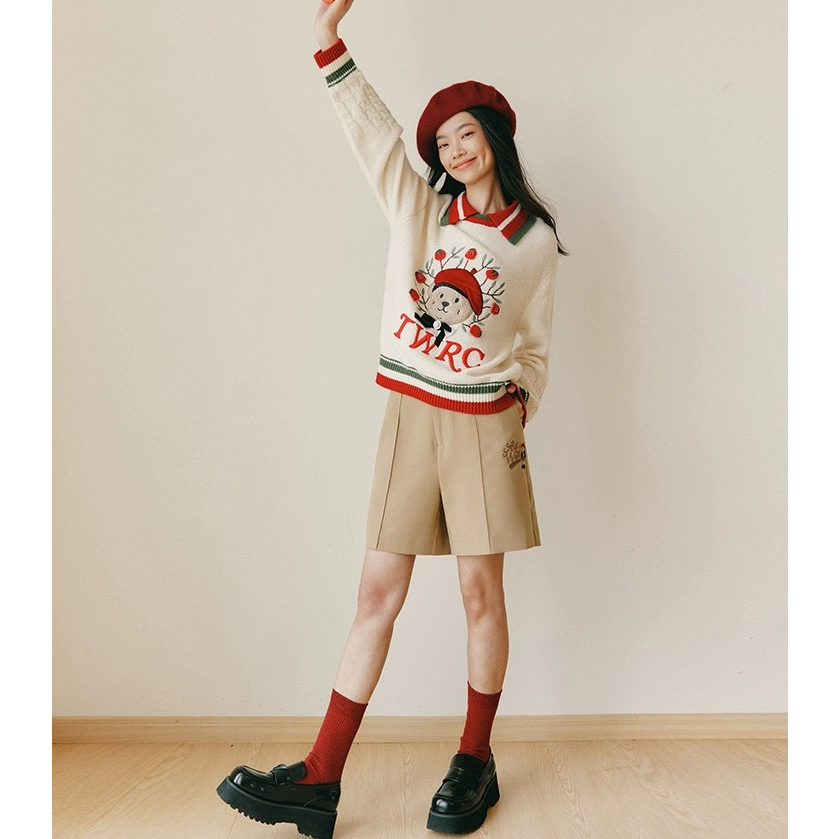 Áo Sweater Dệt Kim Tay Dài Cổ Bẻ Thêu Hình Gấu Lựu Phong Cách Mới 2023 Preppy