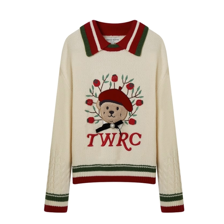 Áo Sweater Dệt Kim Tay Dài Cổ Bẻ Thêu Hình Gấu Lựu Phong Cách Mới 2023 Preppy