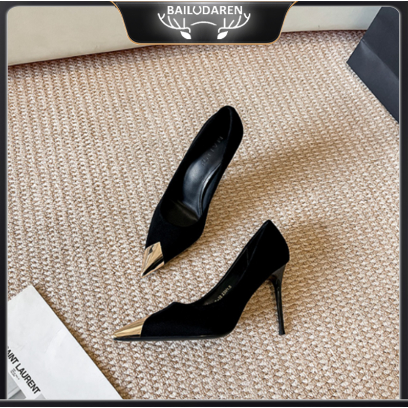Giày cao gót stilleto BAILUDAREN màu đen mũi nhọn kim loại khí chất gợi cảm kiểu Pháp thời trang mới cho nữ