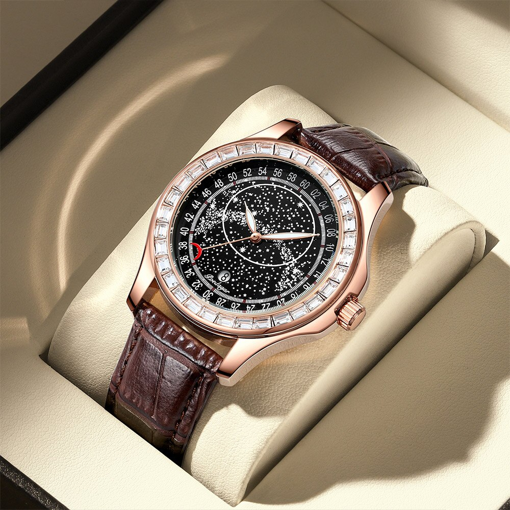 Poedagar đồng hồ nam dây da thời trang đồng hồ thạch anh bầu trời đầy sao phong cách kim cương không thấm nước phát sáng sang trọng đồng hồ đeo tay nam thể thao