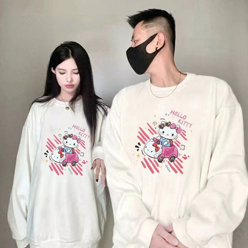 ihkke "Hello Kitty" Thời trang in cotton dài tay đường phố giản dị áo len rộng rãi