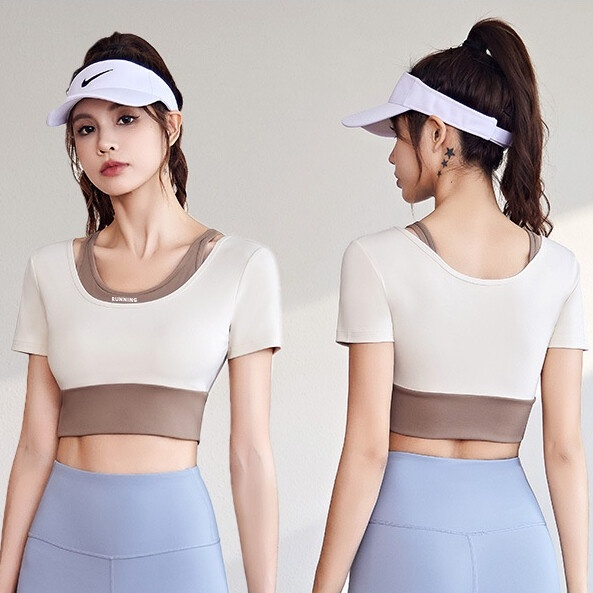 Áo tập yoga nữ phối màu phong cách mới giúp không lộ béo bụng