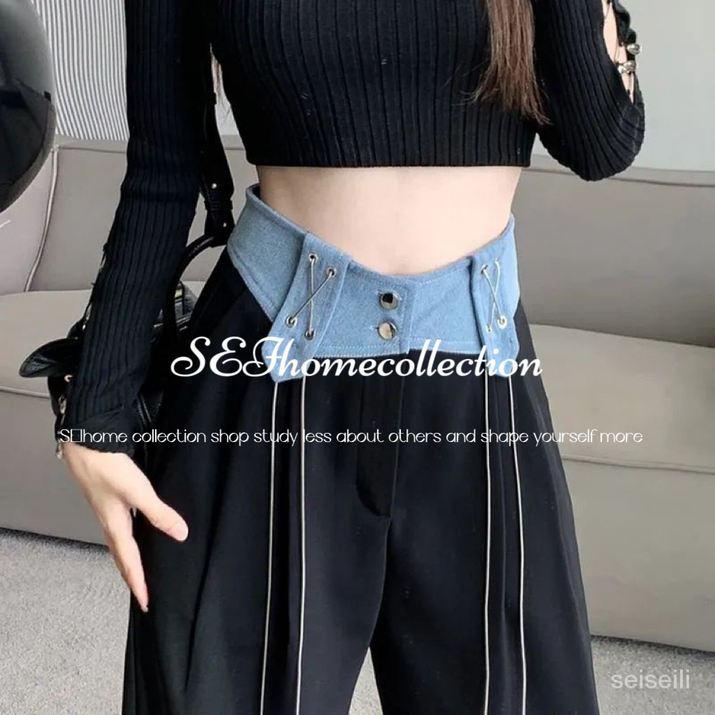 Korean style wide leg jeans women's spring and summer new niche design stitching high waist vertical mop straight pants
