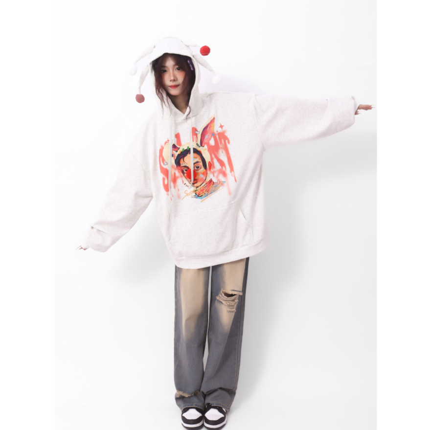 Áo hoodie dáng rộng in hình chú hề phong cách Âu Mỹ đa năng thời trang cho nữ