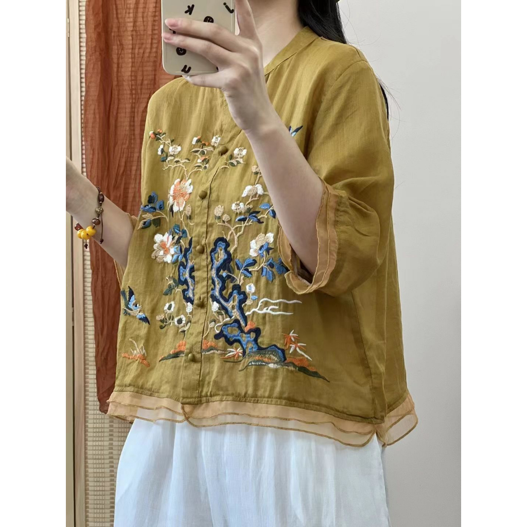 Áo sơ mi thêu cổ điển văn học hàng đầu 2023 mùa hè mới công nghiệp nặng thêu nút quấn cao-end áo sơ mi vải lanh cotton