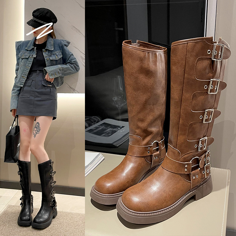 Giày cao cổ mới của phụ nữ retro trang trí bằng kim loại giày cao bồi phương tây giày cao gót thô kiểu anh giày ống cao cổ