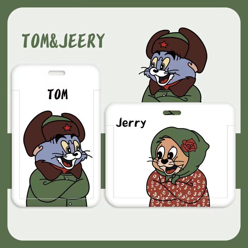 Bìa thẻ hoạt hình dễ thương tom và jerry back to school card case với dây buộc cổ dài để chống mất mát chủ thẻ xe buýt tàu điện ngầm bảo vệ thẻ cá nhân