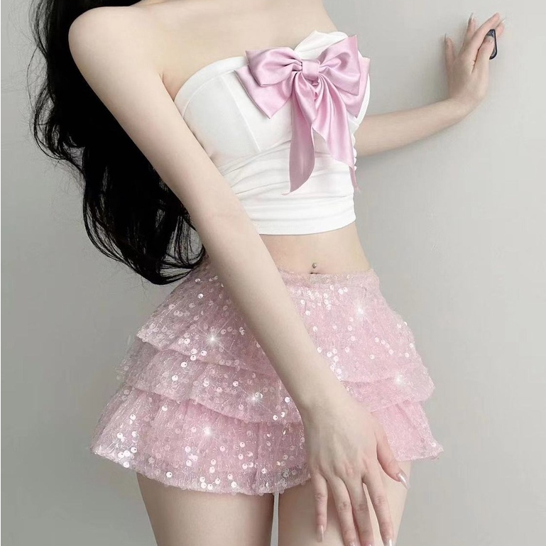 Bộ Áo Ống Đính Kim Sa + Chân Váy Lưng Cao Thời Trang Quyến Rũ Cho Nữ