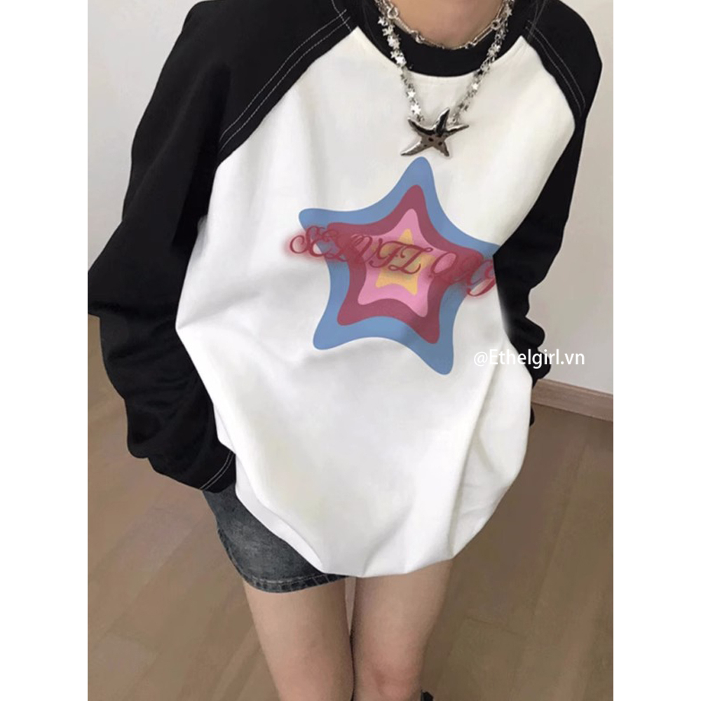Ethelgirl 100% cotton Hàn quốc raglan in rời unisex áo thun dài tay cơ bản phụ nữ quần áo thường tất cả phù hợp với hàng đầu