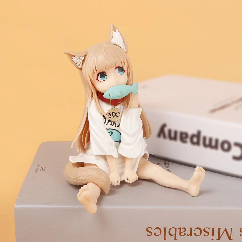 Đầu vàng 14cm con mèo của tôi là một cô gái kawaii anime hình sở thích sakura bột đậu nành ngồi và ăn cá sưu tầm đồ chơi búp bê mô hình pvc