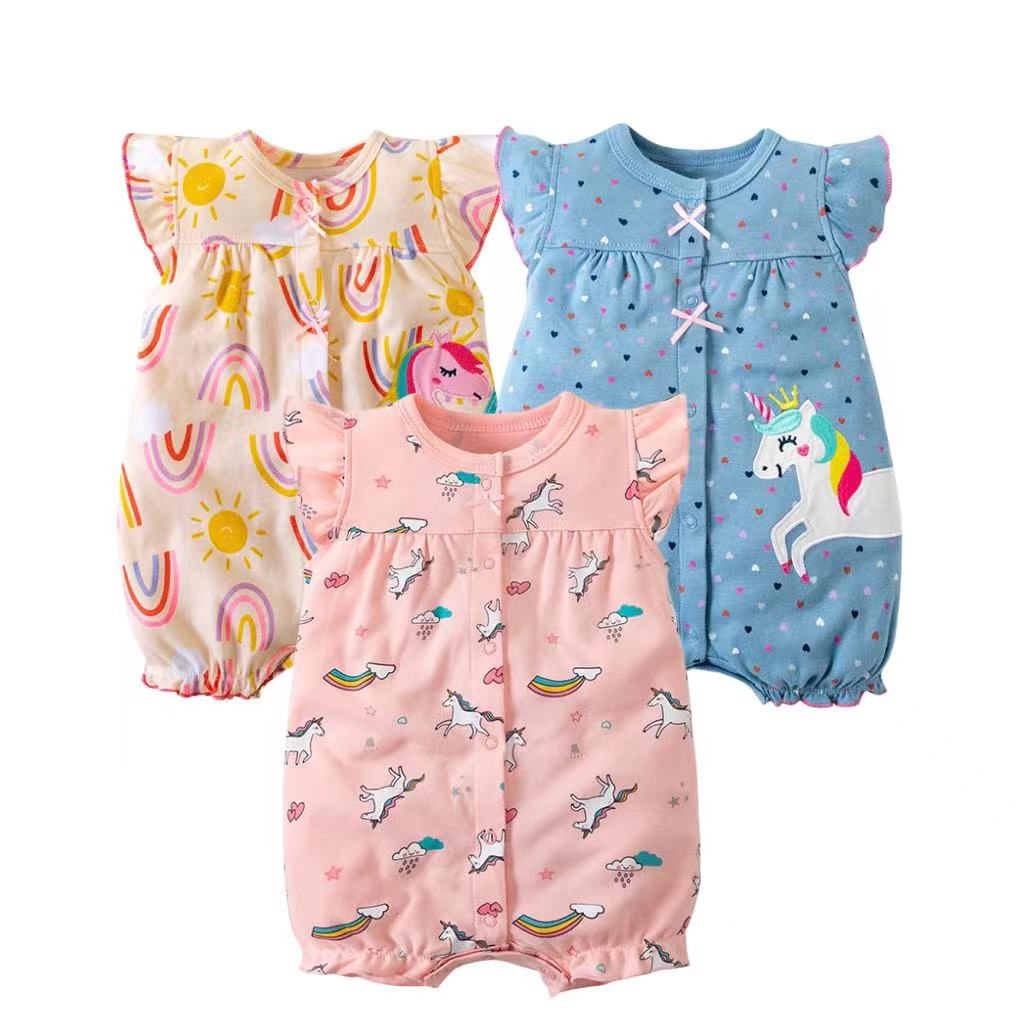 Unicorn baby romper cho bé gái phong cách mùa hè chort có tay nút chụp bông dễ thương áo liền quần in hoạt hình dễ thương