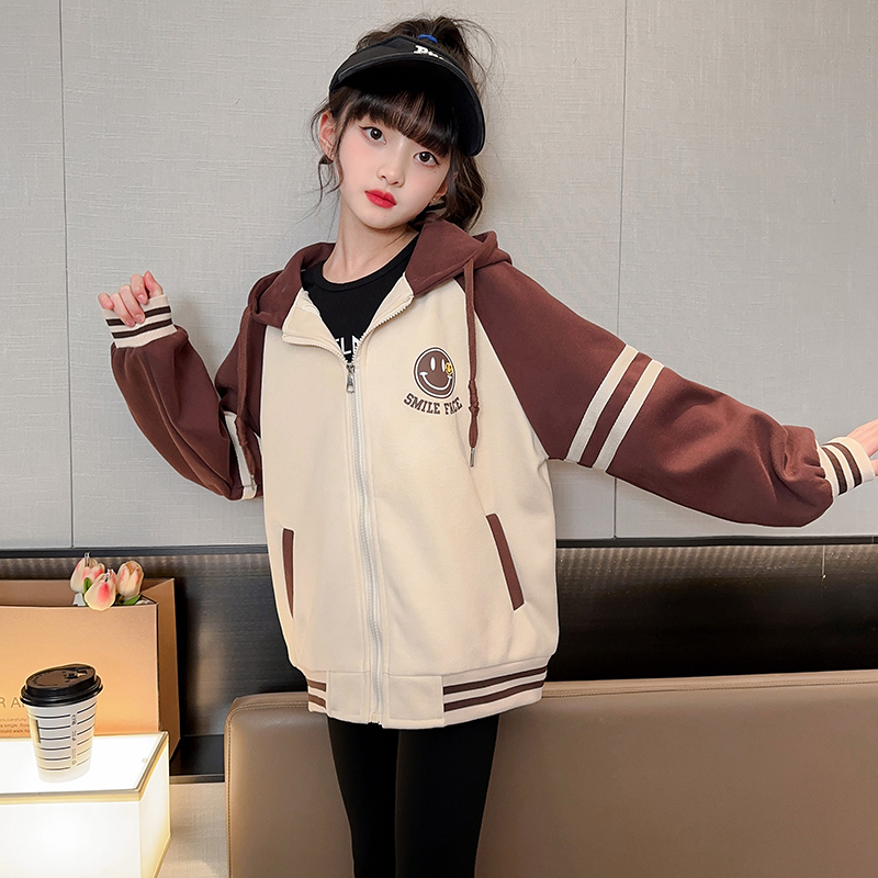 Áo Khoác Bóng Chày Có Nón Phối Khóa Kéo In Hình Mặt Cười Thời Trang Xuân Thu Cho Bé Gái 3-14 Tuổi