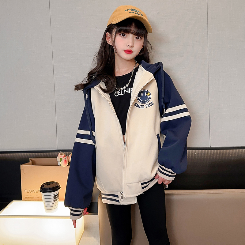 Áo Khoác Bóng Chày Có Nón Phối Khóa Kéo In Hình Mặt Cười Thời Trang Xuân Thu Cho Bé Gái 3-14 Tuổi