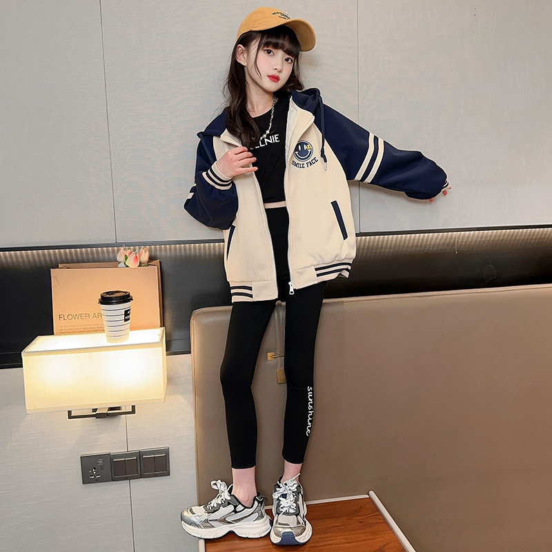 Áo Khoác Bóng Chày Có Nón Phối Khóa Kéo In Hình Mặt Cười Thời Trang Xuân Thu Cho Bé Gái 3-14 Tuổi