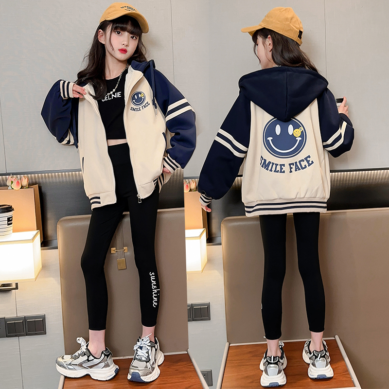 Áo Khoác Bóng Chày Có Nón Phối Khóa Kéo In Hình Mặt Cười Thời Trang Xuân Thu Cho Bé Gái 3-14 Tuổi