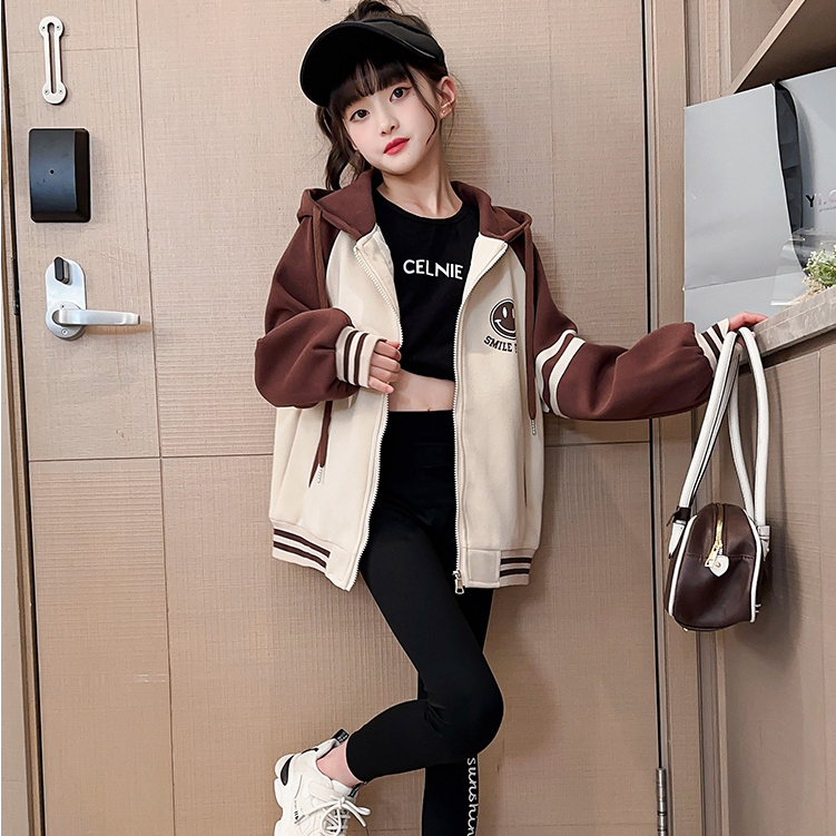 Áo Khoác Bóng Chày Có Nón Phối Khóa Kéo In Hình Mặt Cười Thời Trang Xuân Thu Cho Bé Gái 3-14 Tuổi