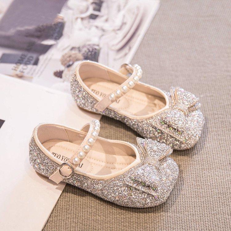 Sweet bowknot baby girls leather flat shoes bling bling rhinestones pearl soft sole anti-slippery kids princess shoes