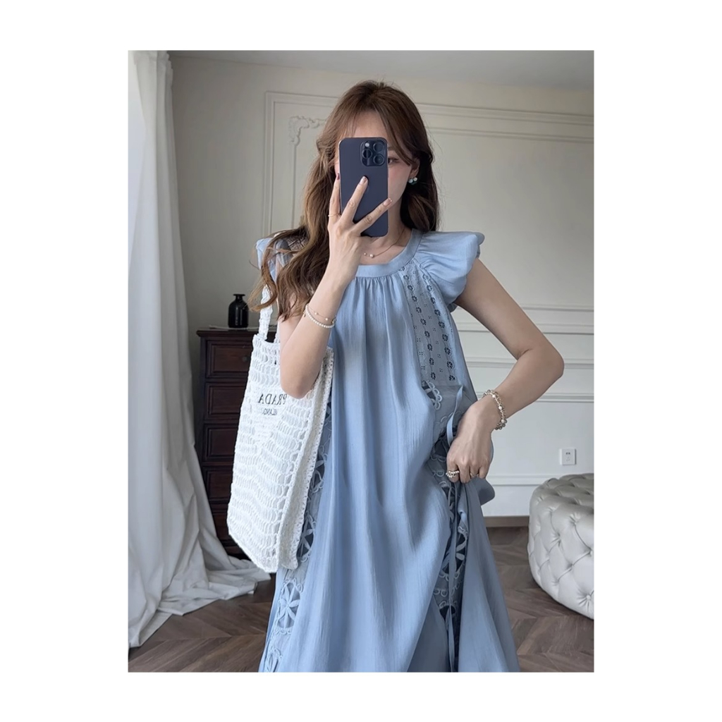 Đầm BJHG WAVW tay cánh tiên thêu họa tiết phong cách pháp cổ điển thanh lịch dành cho nữ