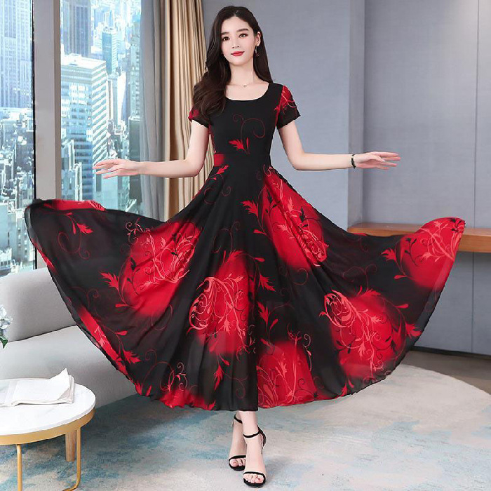 Đầm Dài Tay Ngắn Phối Ren Thời Trang Cho Phụ Nữ Trung Niên