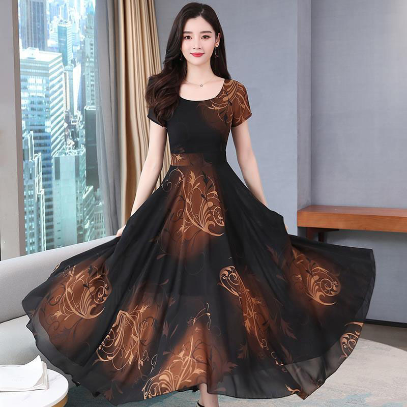 Đầm Dài Tay Ngắn Phối Ren Thời Trang Cho Phụ Nữ Trung Niên