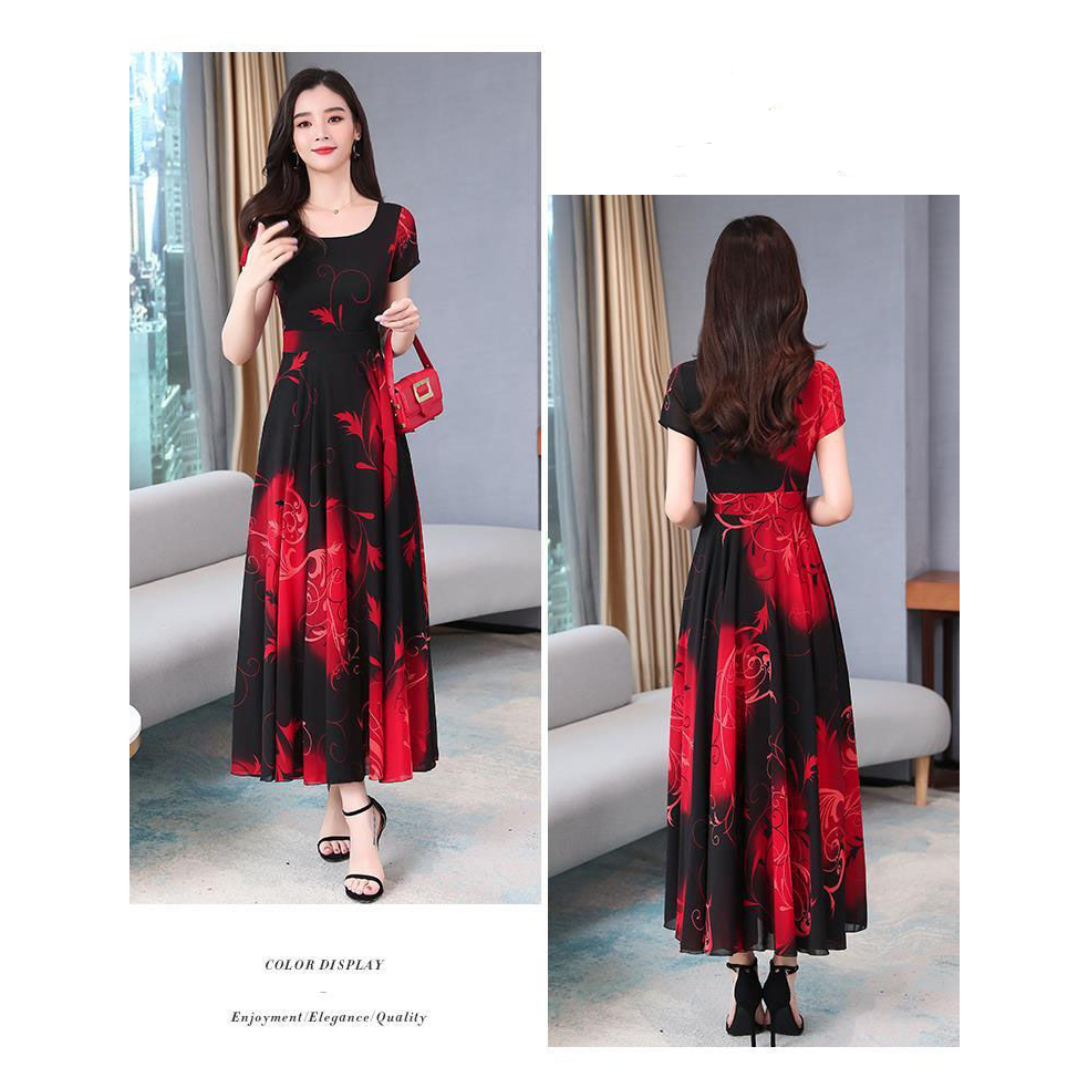 Đầm Dài Tay Ngắn Phối Ren Thời Trang Cho Phụ Nữ Trung Niên