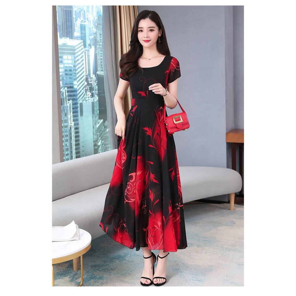 Đầm Dài Tay Ngắn Phối Ren Thời Trang Cho Phụ Nữ Trung Niên