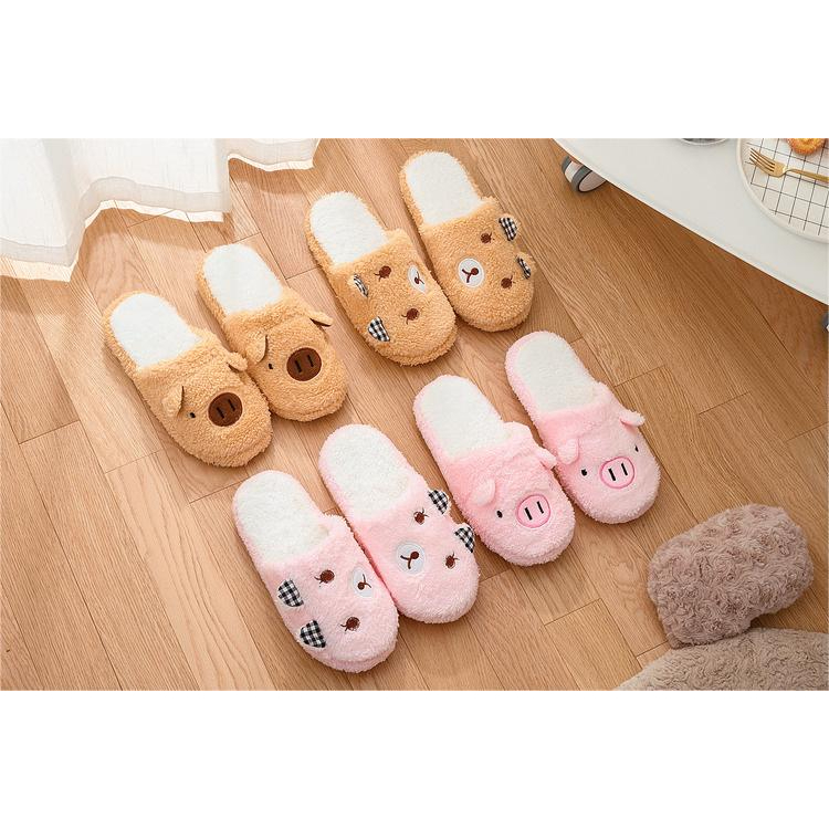 Dép lông xù chống trượt trong nhà hình lợn và gấu dễ thương