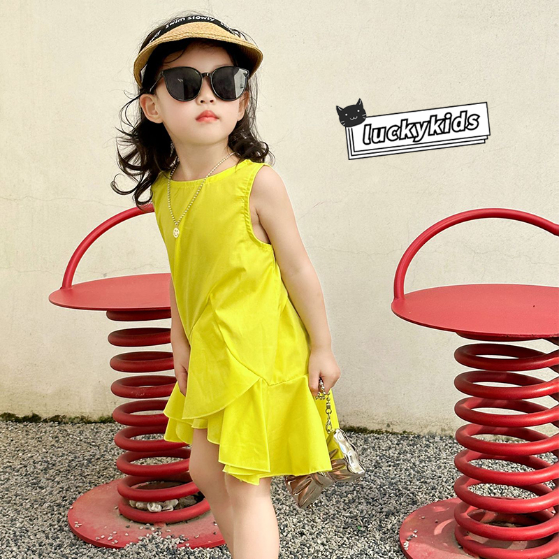 Bé gái dễ thương màu sắc không đều đặn đường viền váy không tay trẻ em giản dị cô gái mùa hè