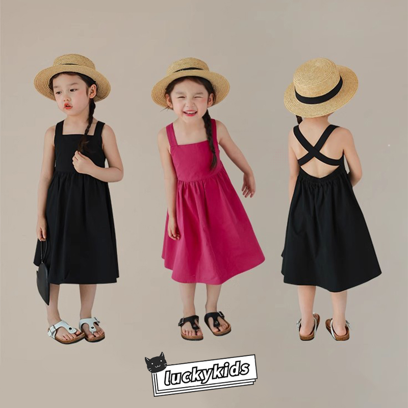 Ngọt ngào bé gái màu rắn dây đeo lưng thiết kế chéo váy không tay váy mùa hè