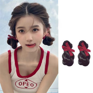 2 cái y2k cô gái màu đỏ hồng ruy băng nơ bím tóc bong bóng tóc giả đôi ngọt ngào tóc đuôi ngựa bud ball kẹp tóc phụ nữ phần mở rộng